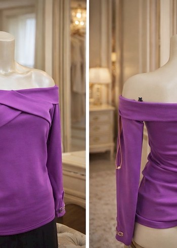 Mor Drapeli Uzun Kollu Kadın Bluz madonna yaka - Görsel 2