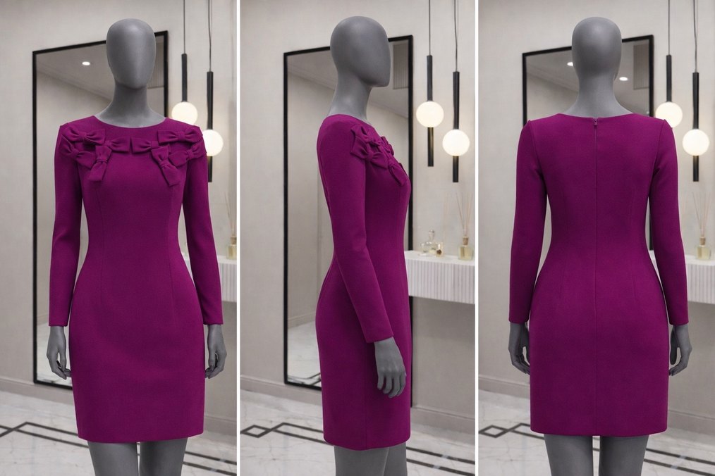 Mor Uzun Kollu Midi Elbise - Görsel 3