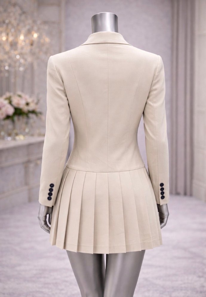 Düğmeli bej krem  Kadın Ceket Elbise - Görsel 3