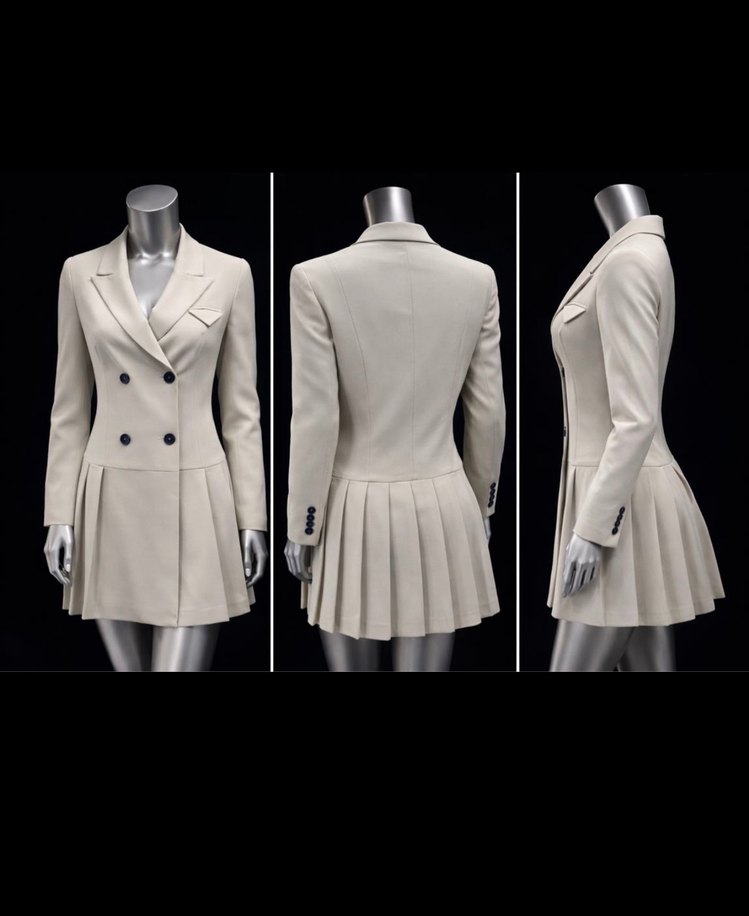 Düğmeli bej krem  Kadın Ceket Elbise - Görsel 4