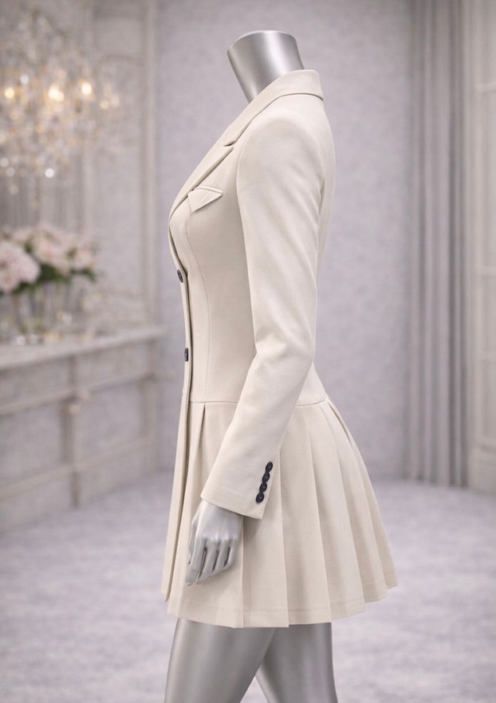 Düğmeli bej krem  Kadın Ceket Elbise - Görsel 2