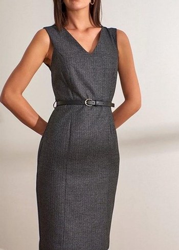 Kemerli Gri kendinden Desenli Midi yün karışımlı Kalem Elbise - Görsel 2