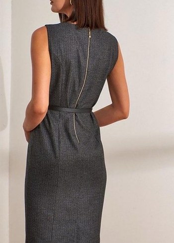 Kemerli Gri kendinden Desenli Midi yün karışımlı Kalem Elbise - Görsel 3