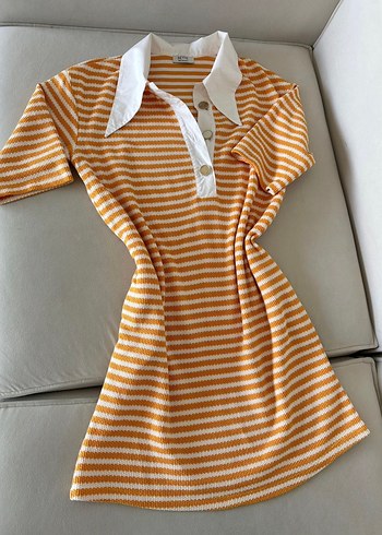 Sarı Çizgili Kemerli Midi Elbise SETRE PAMUKLU - Görsel 4