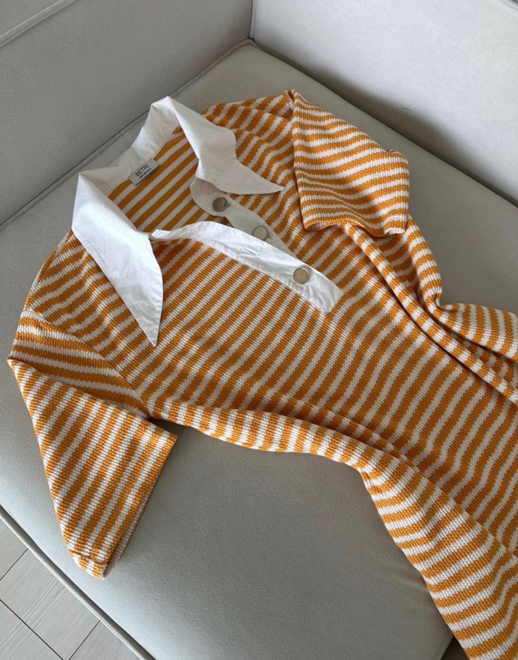 Sarı Çizgili Kemerli Midi Elbise SETRE PAMUKLU - Görsel 5