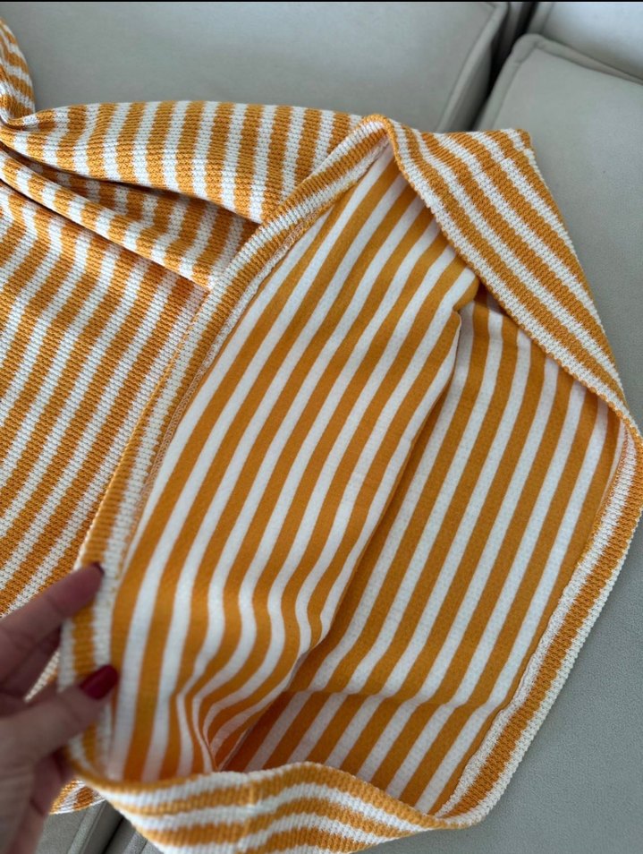 Sarı Çizgili Kemerli Midi Elbise SETRE PAMUKLU - Görsel 3