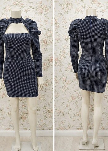 Koyu Lacivert straplez Yaka Uzun Kollu tasarım Elbise - Görsel 2