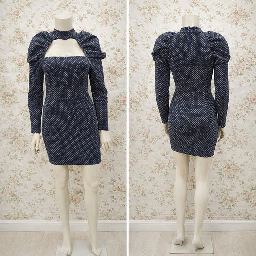 Koyu Lacivert straplez Yaka Uzun Kollu tasarım Elbise - Görsel 2