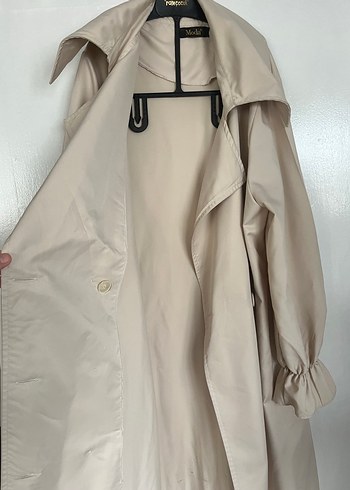 Bej Uzun Kollu Keten Trençkot - Görsel 3
