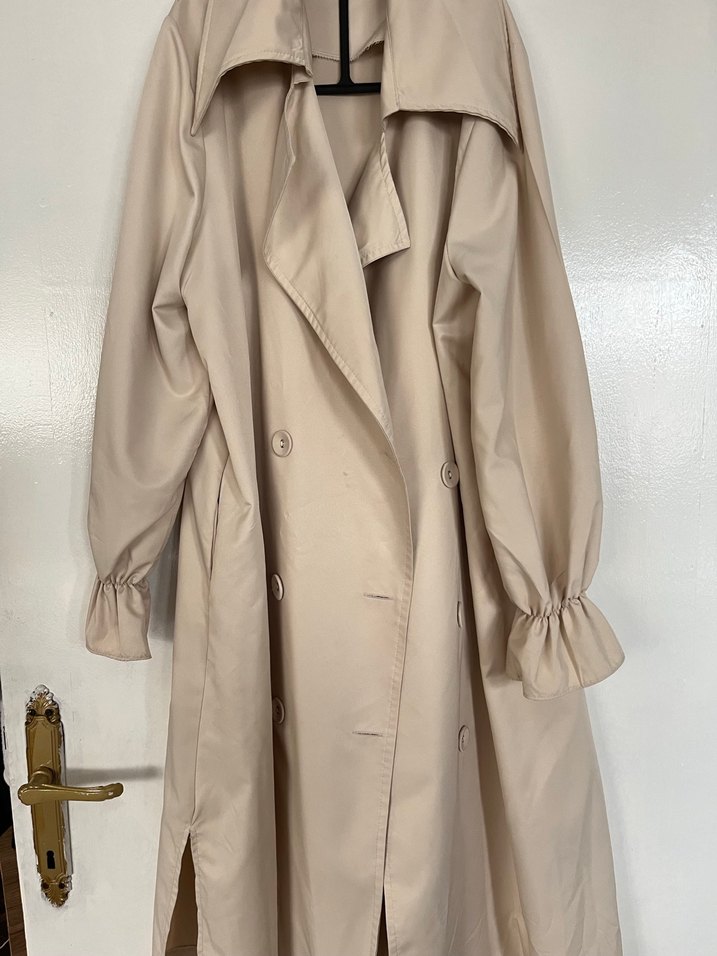 Bej Uzun Kollu Keten Trençkot - Görsel 2