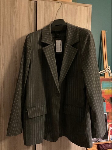 46 Beden gri Renk TRENDYOLMILLA Çizgili Dokuma Gri Blazer Ceket