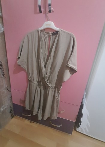 Bej Keten V Yaka Kısa tunik - Görsel 4