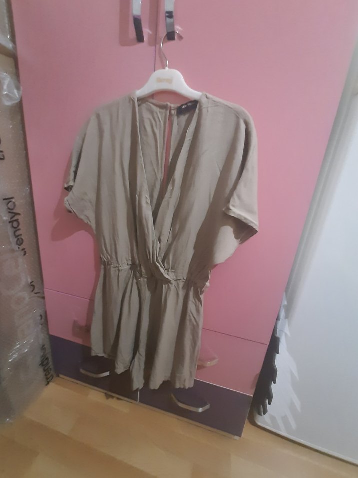 Bej Keten V Yaka Kısa tunik - Görsel 4