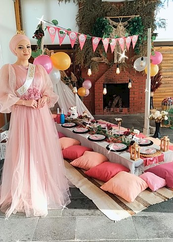 Pembe Drapeli Straplez Uzun Abiye Elbise - Görsel 8