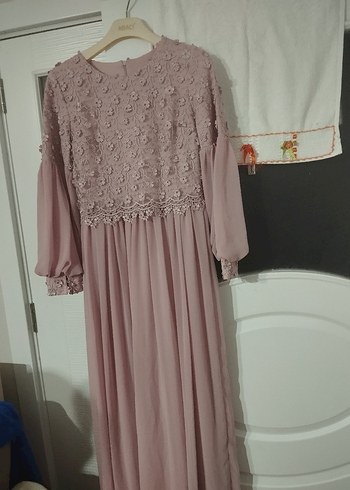 Pembe Dantel İşlemeli Uzun Kollu Bohem Elbise - Görsel 4