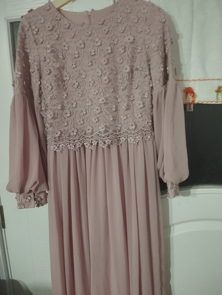 Pembe Dantel İşlemeli Uzun Kollu Bohem Elbise - Görsel 2