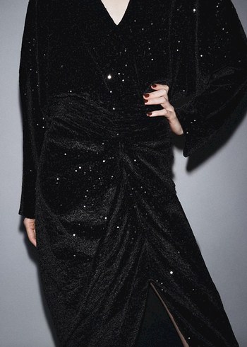 Siyah Uzun Kollu V Yaka Drapeli Elbise #zara - Görsel 5