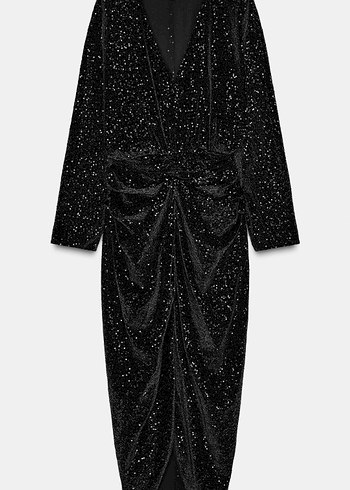 Siyah Uzun Kollu V Yaka Drapeli Elbise #zara - Görsel 7