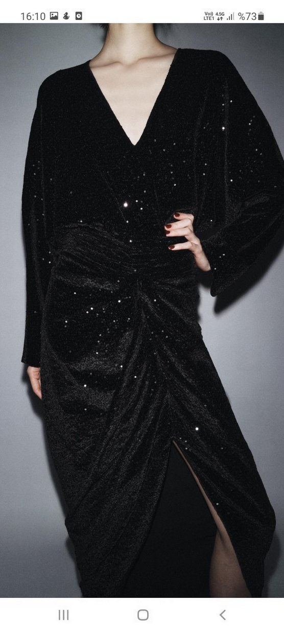 Siyah Uzun Kollu V Yaka Drapeli Elbise #zara - Görsel 5
