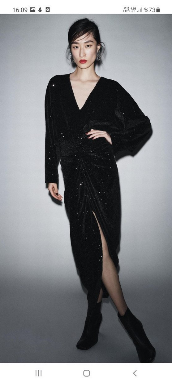 Siyah Uzun Kollu V Yaka Drapeli Elbise #zara - Görsel 2