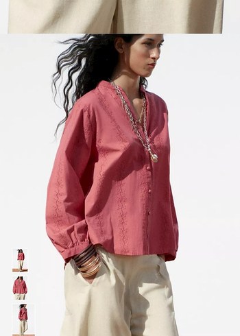 #Pembe #zara #fisto Bohem V Yaka Pamuklu Kadın Gömlek - Görsel 3