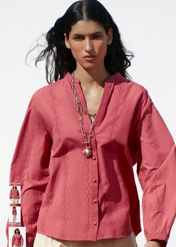 #Pembe #zara #fisto Bohem V Yaka Pamuklu Kadın Gömlek - Görsel 4