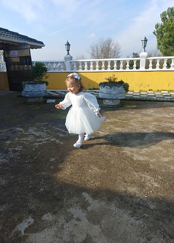 Kız Çocuk Beyaz Dantelli Uzun Kollu Elbise - Görsel 3