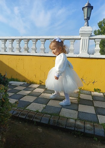 Kız Çocuk Beyaz Dantelli Uzun Kollu Elbise - Görsel 2