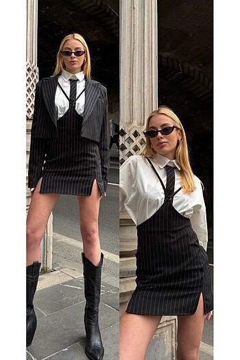 Zara Çizgili Etek Ceket Kravat Üçlü Alt-Üst Takım