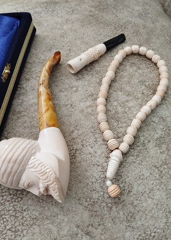 Beden beyaz Renk Orjinal Lületaşı 3 lü set, pipo, tespih, sigaralık