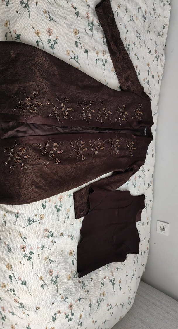 Kahverengi Nakışlı Uzun Kadın Klasik ceket - Görsel 2