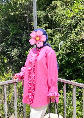 universal Beden Pembe Uzun Kollu Fırfırlı Gömlek