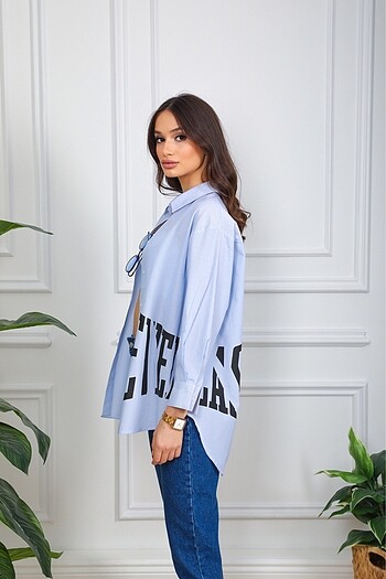 Baskı Detay Oversize Mavi Çizgili Gömlek