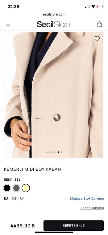 42 Beden ten rengi Renk Seçil store bej kaşe kaban