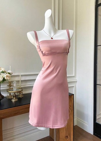 Pembe Midi Straplez saten Klasik Elbise