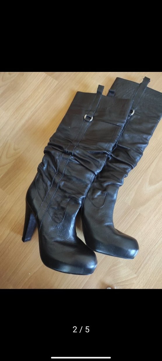 Siyah Deri Dizüstü Stiletto Botlar - Görsel 2