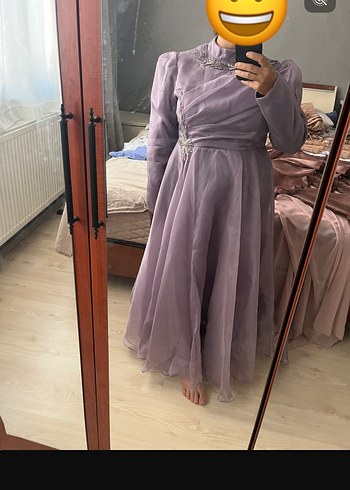 Uzun Kollu Mor Vintage Abiye Elbise