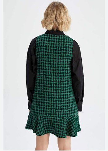 Düğmeli Yeşil Kareli Elbise - Görsel 8