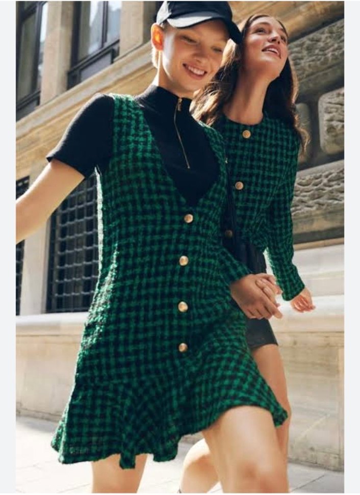 Düğmeli Yeşil Kareli Elbise - Görsel 4