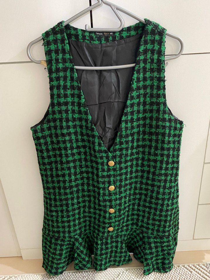 Düğmeli Yeşil Kareli Elbise - Görsel 2