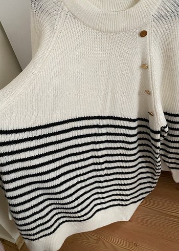 Çizgili Beyaz Triko elbise - Görsel 5