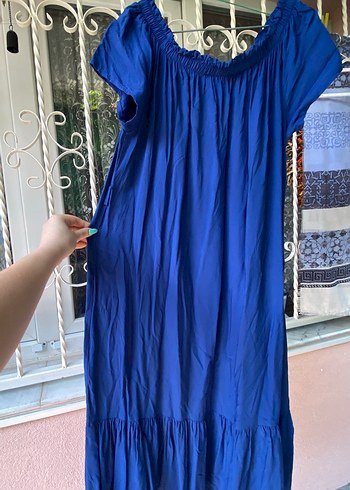 Kayık yaka Mavi Midi Elbisesi