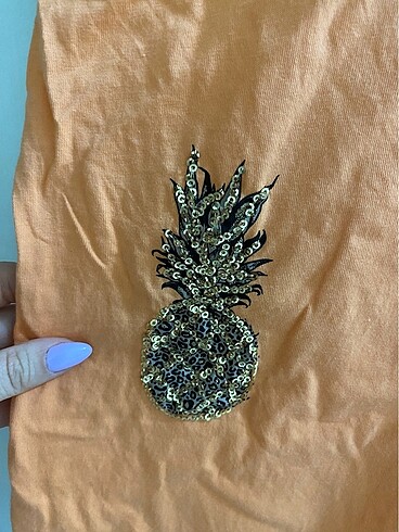 40 Beden turuncu Renk Pullu ananas tişört