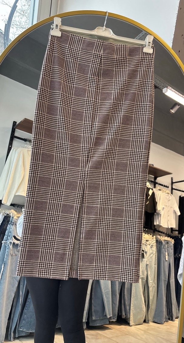 Drapeli Kahverengi Ekose Hamile Midi Etek - Görsel 2