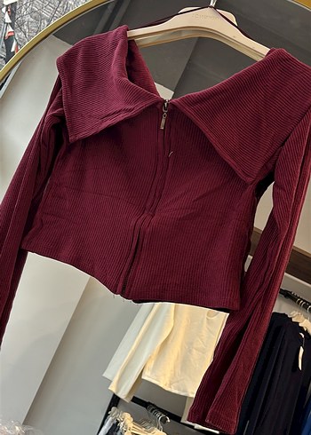 Bordo Uzun Kollu Fermuarlı Straplez Crop Bluz - Görsel 2