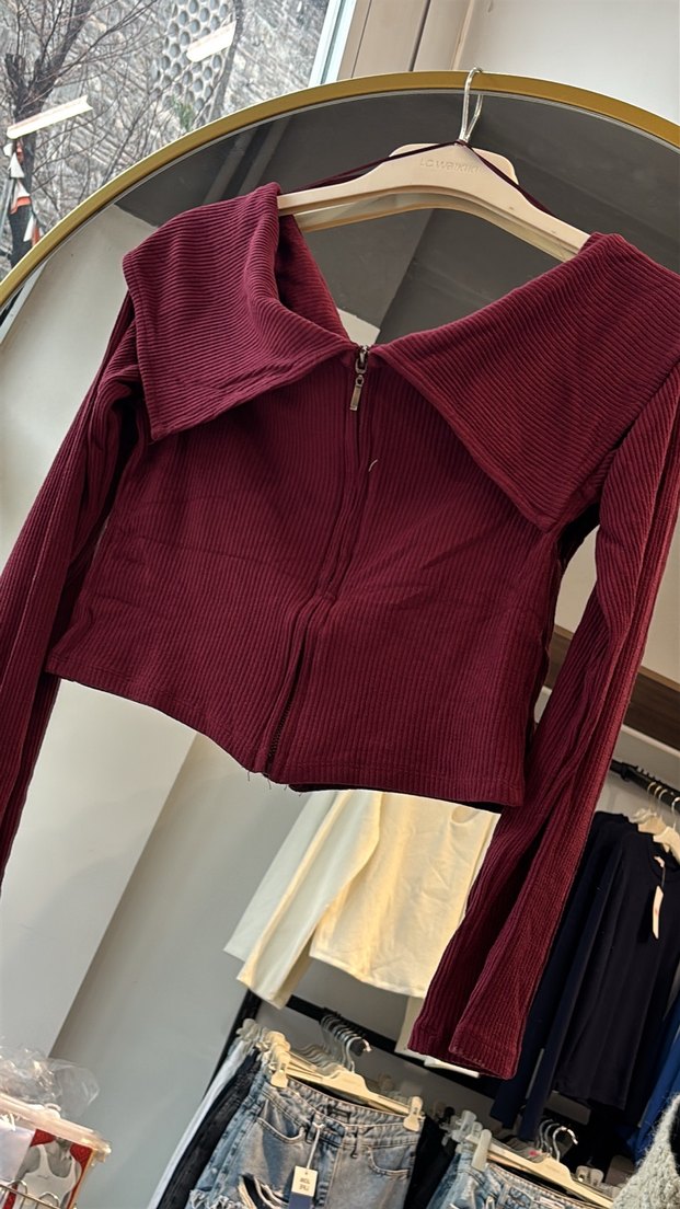 Bordo Uzun Kollu Fermuarlı Straplez Crop Bluz - Görsel 2