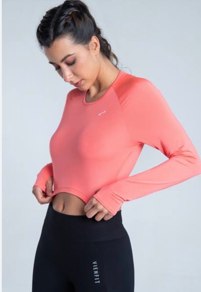 Pembe Mini Crop Uzun Kollu Spor Üst - Görsel 2