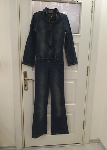 Lacivert Kadın Denim Tulum, Kemerli, Uzun Kollu - Görsel 2