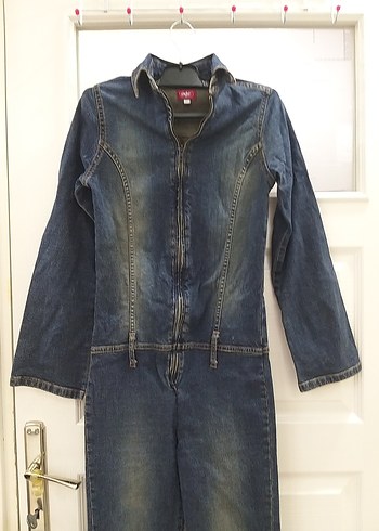 Lacivert Kadın Denim Tulum, Kemerli, Uzun Kollu - Görsel 5