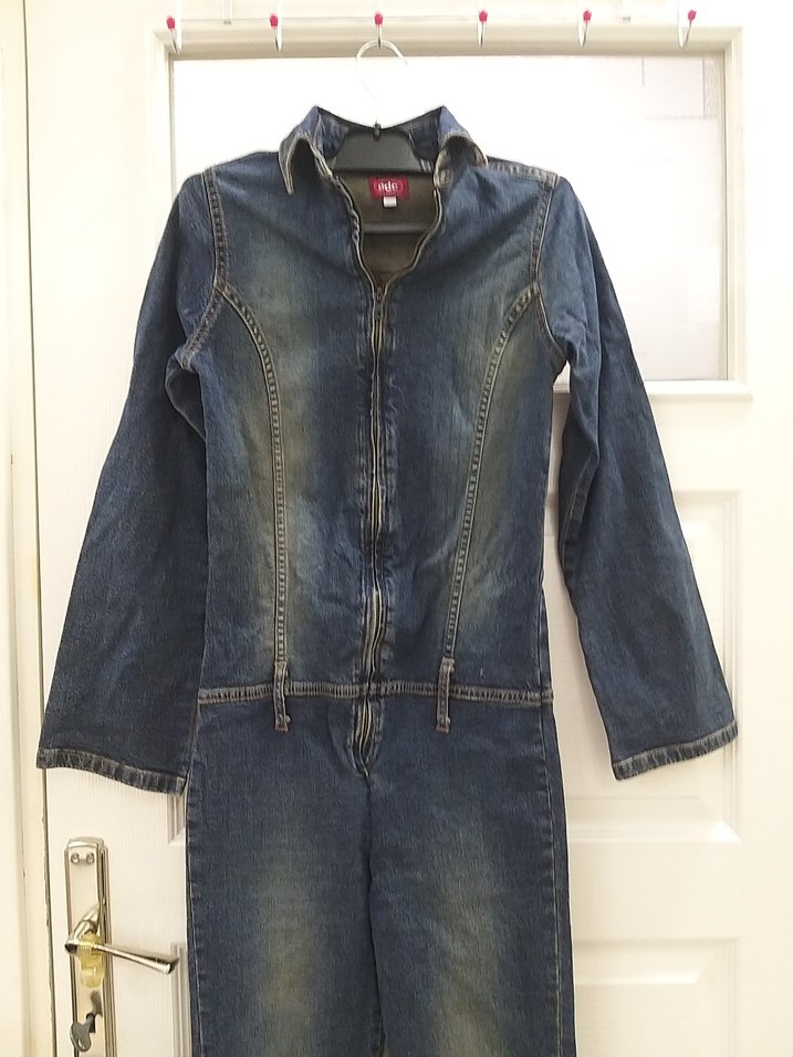 Lacivert Kadın Denim Tulum, Kemerli, Uzun Kollu - Görsel 5